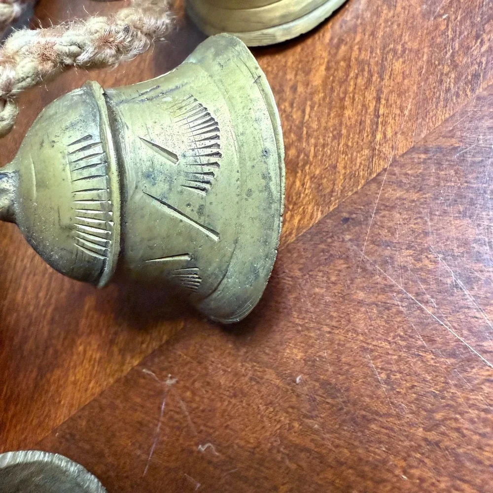 vintage indian brass hanging‎ bells lot of 4 hand engraved boho farmhouse decor